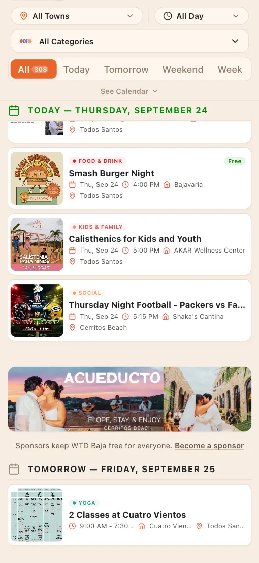 WhatToDo Baja feed with the Middle of Feed sponsor spot between listings