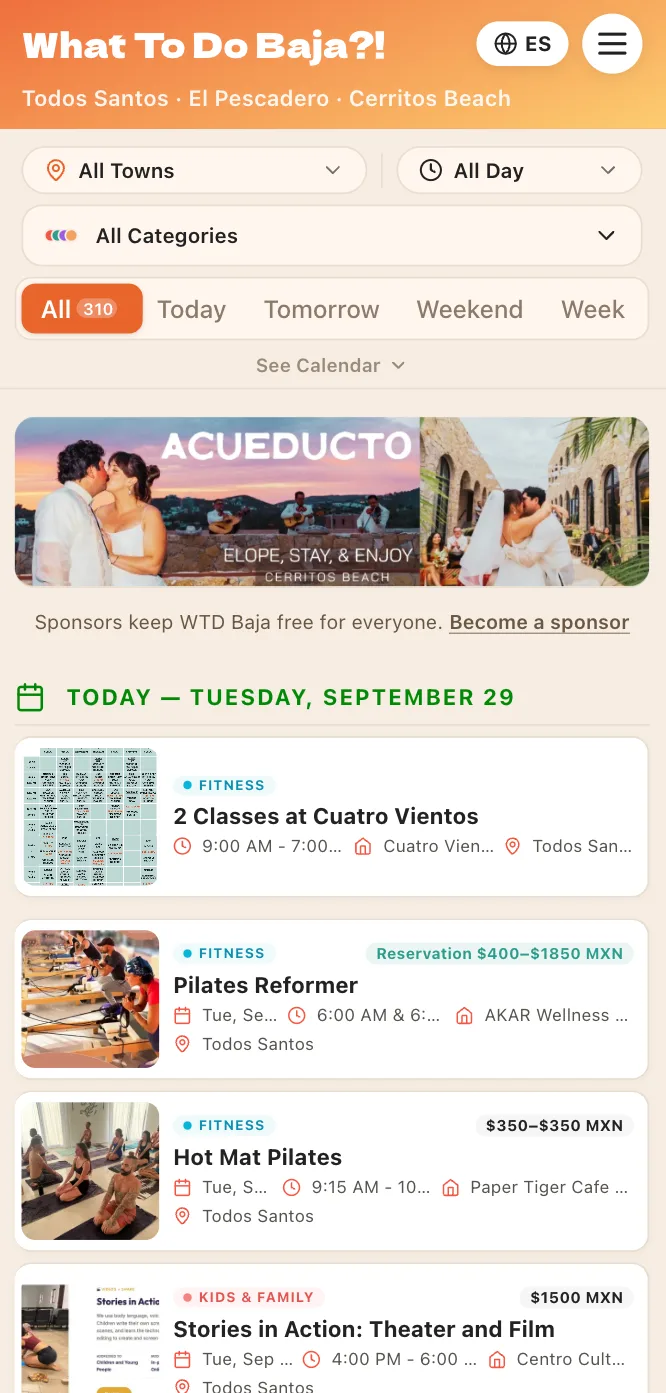 WhatToDo Baja home page with the Top of Feed sponsor spot